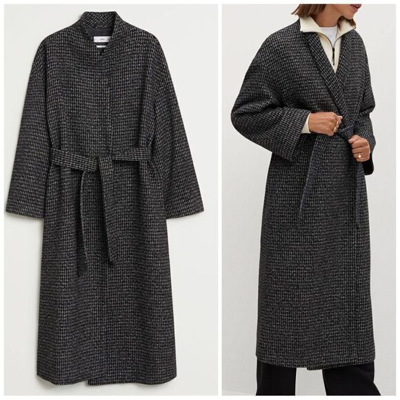 Mango Wool Blend Minimalistic Coat Belted New - Picture 1 of 8